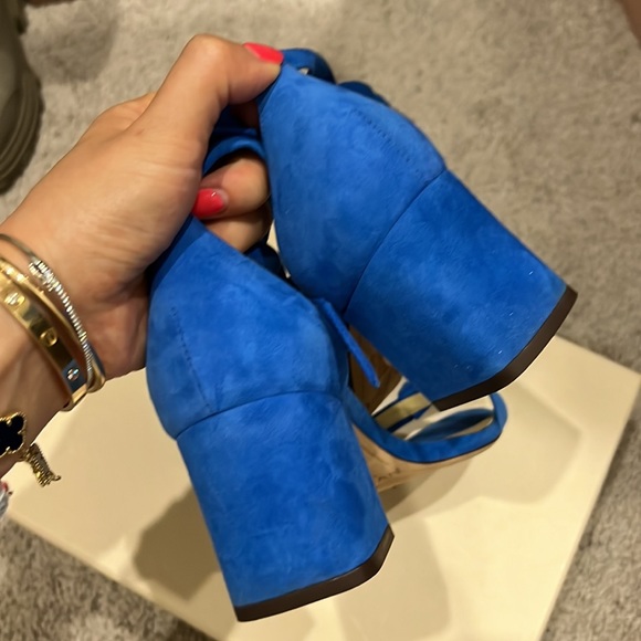 Alexandre Birman Clarita Sapphire blue suede bow tie sandals block heels shoes - Picture 3 of 5